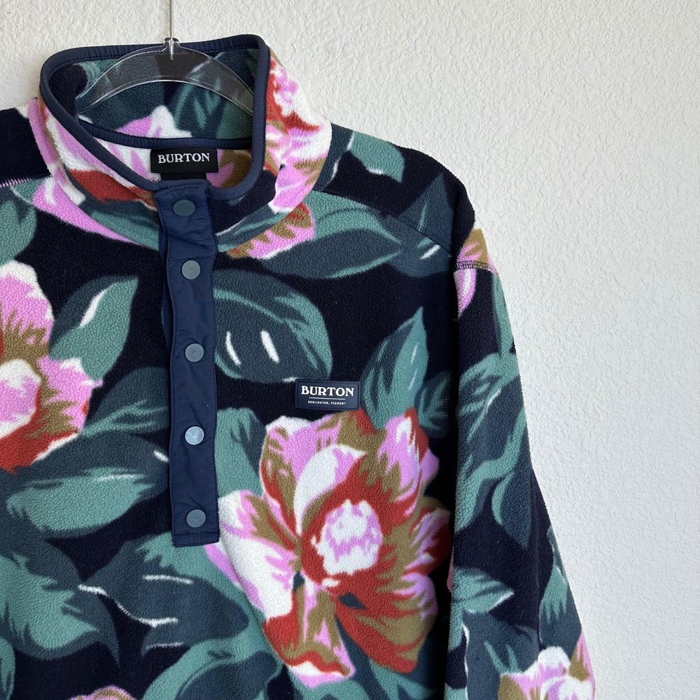 Burton Mens Floral Fleece Pullover Snap Neck Jacket Navy Pink Green‎ Large